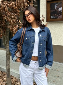 Rivivi Chaqueta de mezclilla lavada con patchwork a rayas en puños y bajo - Azul lavado oscuro - Ver 6