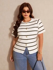 Elaquor Plus Size Striped Button Front Knit Top - Multicolor - View 6