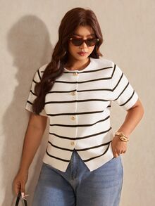 Elaquor Plus Size Striped Button Front Knit Top - Multicolor - View 5