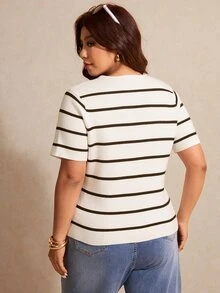 Elaquor Plus Size Striped Button Front Knit Top - Multicolor - View 3
