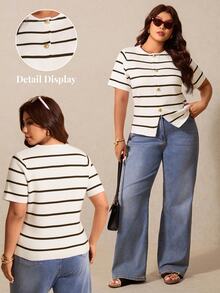 Elaquor Plus Size Striped Button Front Knit Top - Multicolor - View 2