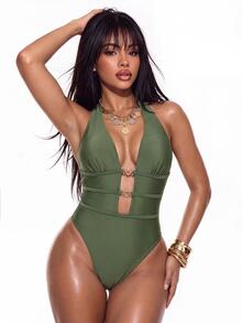 Swim Basics New Sexy Deep V Backless One-Piece Swimsuit For Women, Festival Boho Beachwear Summer Outfits - Olive Green - View 1