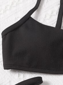 Oceva Summer Beach Ribbed Bikini Set Adjustable Strap Cami Top & Tie Side Thong Bottom 2 Piece Bathing Suit - Black - View 6
