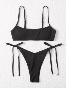 Oceva Summer Beach Ribbed Bikini Set Adjustable Strap Cami Top & Tie Side Thong Bottom 2 Piece Bathing Suit - Black - View 5