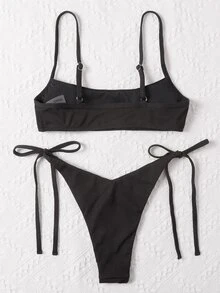 Oceva Summer Beach Ribbed Bikini Set Adjustable Strap Cami Top & Tie Side Thong Bottom 2 Piece Bathing Suit - Black - View 4