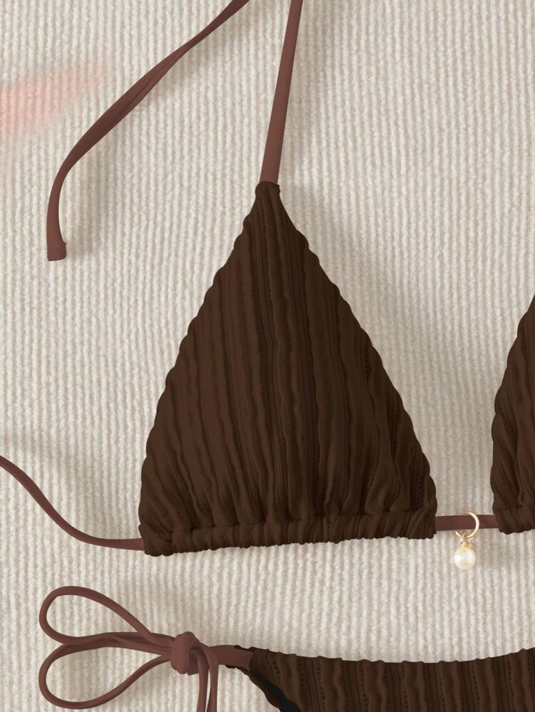Swim Basics Summer Beach Women's Solid Color Halter Neck Tie Bra & Swim Bottom Two-Piece Bikini Set Bathing Suit For Beach Vacation - Chocolate Brown - View 5