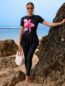 SHEIN Swim Spring/Summer Fashionable Elegant Halter Neck 3D Floral Design High-End Burkini, Suitable For Beach, Hot Spring Resort - Black - View 5