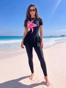 SHEIN Swim Spring/Summer Fashionable Elegant Halter Neck 3D Floral Design High-End Burkini, Suitable For Beach, Hot Spring Resort - Black - View 2