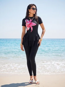 SHEIN Swim Spring/Summer Fashionable Elegant Halter Neck 3D Floral Design High-End Burkini, Suitable For Beach, Hot Spring Resort - Black - View 3