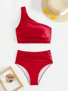 Swim Basics Conjunto de bikini de unicolor para mujer para la playa/vacaciones - Rojo - Ver 7