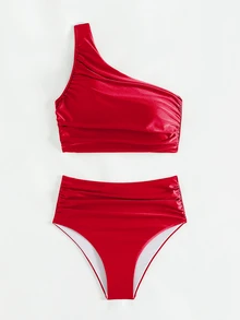 Swim Basics Conjunto de bikini de unicolor para mujer para la playa/vacaciones - Rojo - Ver 4