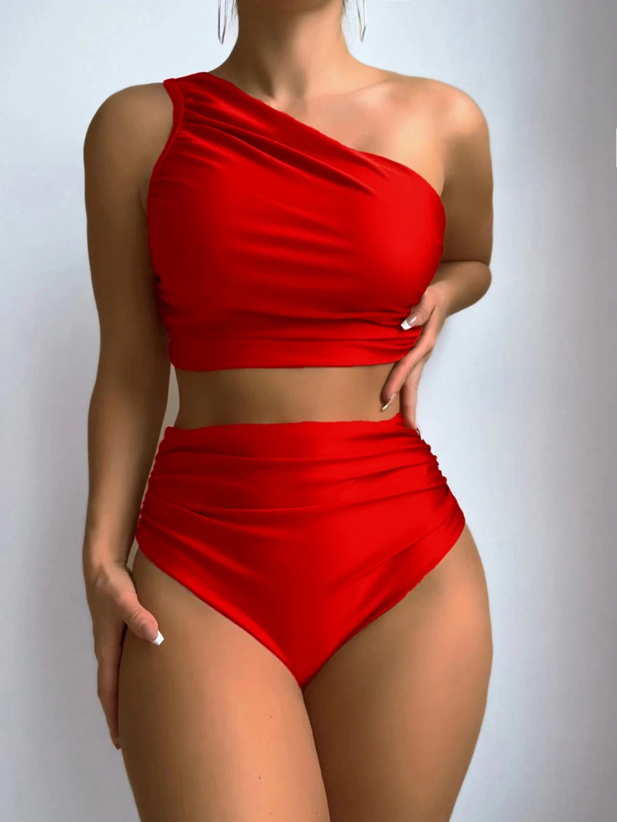 Swim Basics Conjunto de bikini de unicolor para mujer para la playa/vacaciones - Rojo - Ver 1