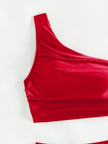 Swim Basics Conjunto de bikini de unicolor para mujer para la playa/vacaciones - Rojo - Ver 5
