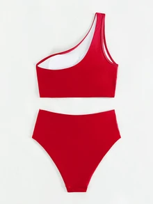 Swim Basics Conjunto de bikini de unicolor para mujer para la playa/vacaciones - Rojo - Ver 3
