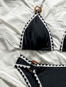 Swim Basics Women's Summer Beach Solid Color Shell Scalloped Edge Halter Strap With Ring Decor Triangle Bikini Top And Shell Scalloped Edge With Ring Decor Triangle Bottom Casual Vacation Style Swimwear Set - Black - View 4