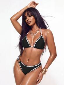 Swim Basics Women's Summer Beach Solid Color Shell Scalloped Edge Halter Strap With Ring Decor Triangle Bikini Top And Shell Scalloped Edge With Ring Decor Triangle Bottom Casual Vacation Style Swimwear Set - Black - View 2
