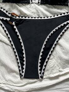 Swim Basics Women's Summer Beach Solid Color Shell Scalloped Edge Halter Strap With Ring Decor Triangle Bikini Top And Shell Scalloped Edge With Ring Decor Triangle Bottom Casual Vacation Style Swimwear Set - Black - View 6