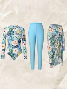 Swim Mulvari 女款藍色花卉水藍條紋印花圓領長袖拉鍊上衣、長褲、網紗裙，布基尼泳衣套裝，海灘夏季保守風 - 彩色 - 查看 8