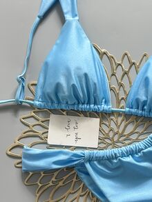 Swim Basics Women's Solid Color Bikini And Triangle Panty Swimwear Set - Blue - View 4