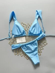Swim Basics Women's Solid Color Bikini And Triangle Panty Swimwear Set - Blue - View 3