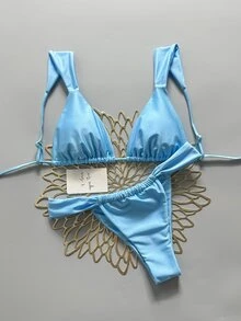 Swim Basics Women's Solid Color Bikini And Triangle Panty Swimwear Set - Blue - View 1