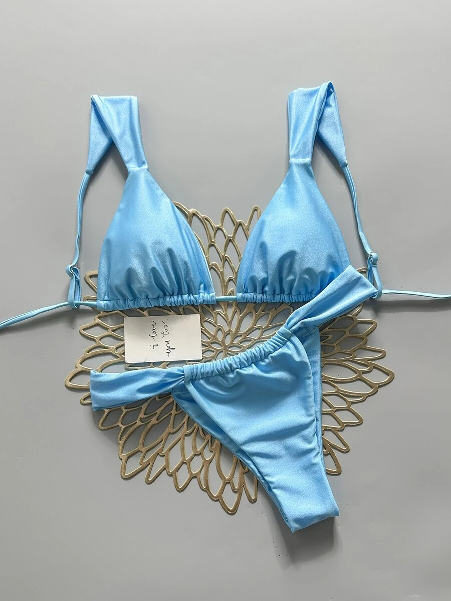 Swim Basics Women's Solid Color Bikini And Triangle Panty Swimwear Set - Blue - View 1