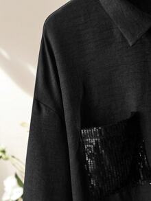 Lacomfia Minimalist Casual Solid Color Patchwork Beaded Shirt Collar Long Sleeve Fitted Regular Shirt And Solid Color Elastic Waist Wide Leg Pants Spring Autumn Plus Size 2-Piece Set - Black - View 9