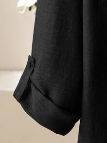 Lacomfia Minimalist Casual Solid Color Patchwork Beaded Shirt Collar Long Sleeve Fitted Regular Shirt And Solid Color Elastic Waist Wide Leg Pants Spring Autumn Plus Size 2-Piece Set - Black - View 4