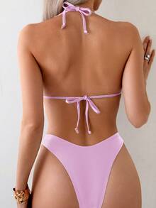 SHEIN Swim Women's Summer Beach Solid Color Halter Tie Sexy Bikini And Triangle Panty Swimwear Set - Pink - View 2