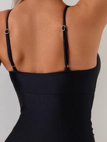 Swim Basics 1pc Women Plain Front Tie Ruched One-Piece Sexy Swimsuit For Summer Beach Vacation - Black - View 6