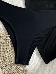 Swim Basics Women's Solid Color Halter Neck Bikini Set With Matching Bikini Set & Cover-Up Skirt, Summer Beach Wear, 3pcs/Set - Black - View 4