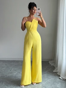 Elenzga Women's Solid Color Wrap Front Sleeveless Jumpsuit With Wide Leg, Elegant For Commuting And Daily Wear - Yellow - View 6