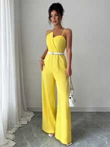 Elenzga Women's Solid Color Wrap Front Sleeveless Jumpsuit With Wide Leg, Elegant For Commuting And Daily Wear - Yellow - View 3