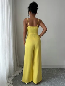 Elenzga Women's Solid Color Wrap Front Sleeveless Jumpsuit With Wide Leg, Elegant For Commuting And Daily Wear - Yellow - View 2
