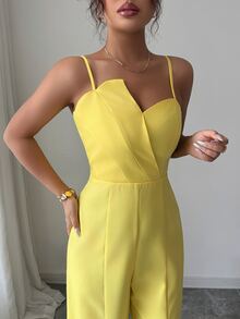 Elenzga Women's Solid Color Wrap Front Sleeveless Jumpsuit With Wide Leg, Elegant For Commuting And Daily Wear - Yellow - View 4
