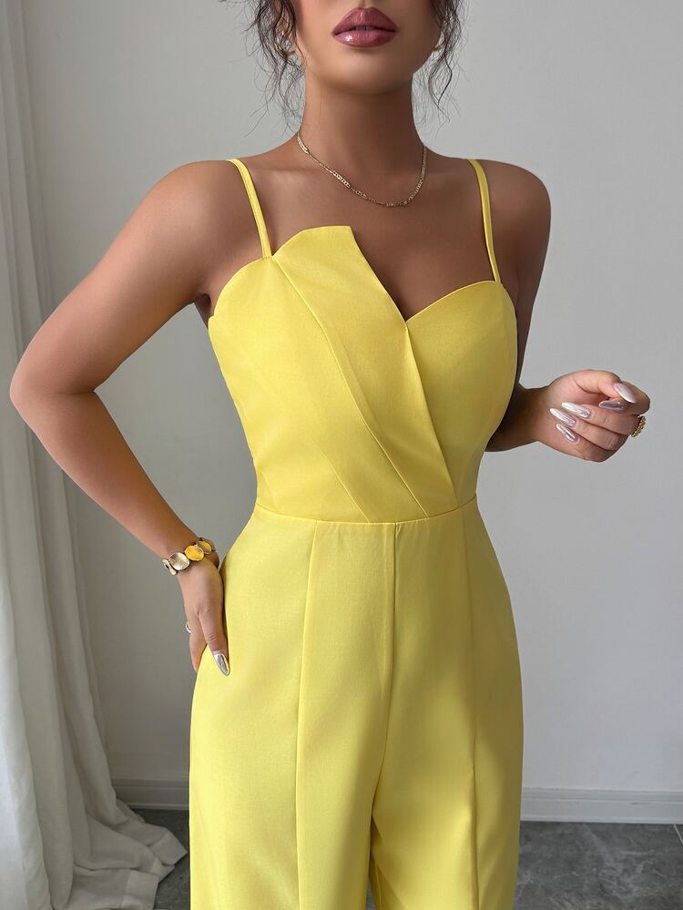 Elenzga Women's Solid Color Wrap Front Sleeveless Jumpsuit With Wide Leg, Elegant For Commuting And Daily Wear - Yellow - View 4