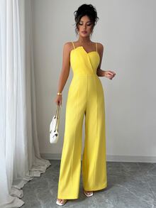 Elenzga Women's Solid Color Wrap Front Sleeveless Jumpsuit With Wide Leg, Elegant For Commuting And Daily Wear - Yellow - View 5