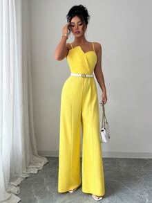 Elenzga Women's Solid Color Wrap Front Sleeveless Jumpsuit With Wide Leg, Elegant For Commuting And Daily Wear - Yellow - View 7