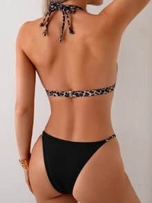 Swim Basics 2025 Fashionable Halterneck Tie Bikini, Leopard Print Randormized Summer - Black - View 3