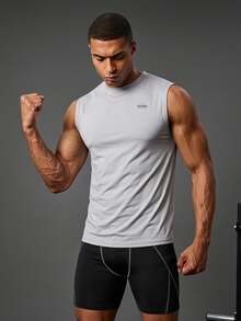 Coreblaze Boyfriend Style Men's Letter Print Stand Collar Summer Sports Tank Top Compression Shirt Men - Grey - View 1