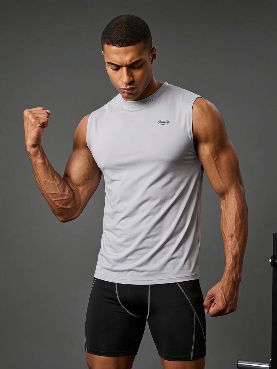 Coreblaze Boyfriend Style Men's Letter Print Stand Collar Summer Sports Tank Top Compression Shirt Men - Grey - View 1