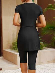 SHEIN Swim Ladies' Modest Chic Elegant Hooded One-Piece Swimsuit Cover-Up For Summer Beach Vacation - Black - View 6