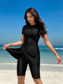 SHEIN Swim Ladies' Modest Chic Elegant Hooded One-Piece Swimsuit Cover-Up For Summer Beach Vacation - Black - View 2