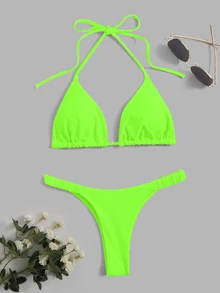 Swim Basics Conjunto de bikini de triángulo sólido con sujetador halter neón para playa de verano - Verde - Ver 5