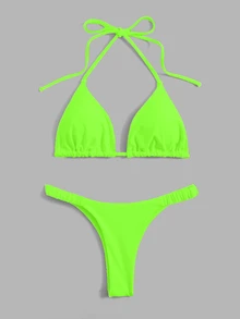 Swim Basics Conjunto de bikini de triángulo sólido con sujetador halter neón para playa de verano - Verde - Ver 1