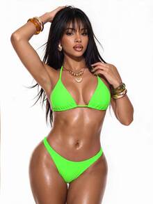 Swim Basics Conjunto de bikini de triángulo sólido con sujetador halter neón para playa de verano - Verde - Ver 2