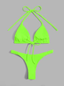 Swim Basics Conjunto de bikini de triángulo sólido con sujetador halter neón para playa de verano - Verde - Ver 3