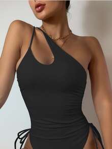 Swim Basics Summer Beach Drawstring Side One Shoulder One Piece Swimsuit - Black - View 3