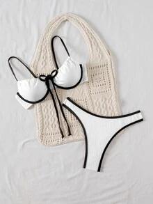 Swim Basics Set Pakaian Renang Pantai Liburan Musim Panas untuk Wanita dengan Trim Warna Kontras - MultiWarna - View 1