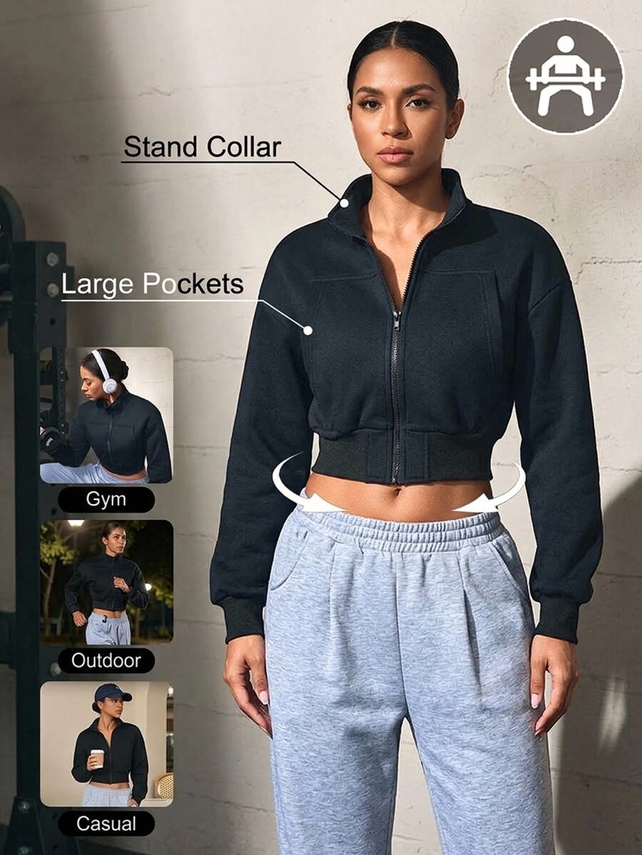 Solea Cove Solea Cove Women's Black Sports Sweatshirt, Short Waist-Shaping Design, Early Autumn Sports Outfit, Thin Fleece, Versatile Black Short Sports Sweatshirt